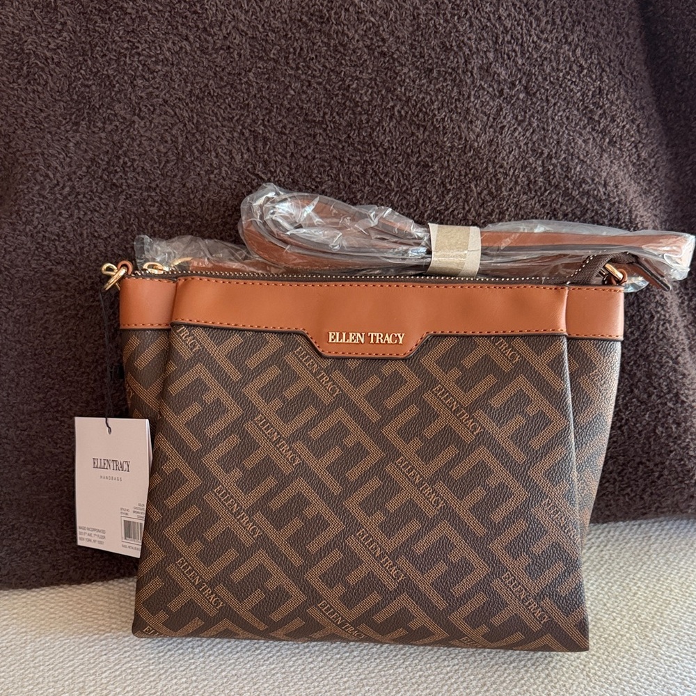 Ellen Tracy Brown Logo Monogram Crossbody with Tan Trim